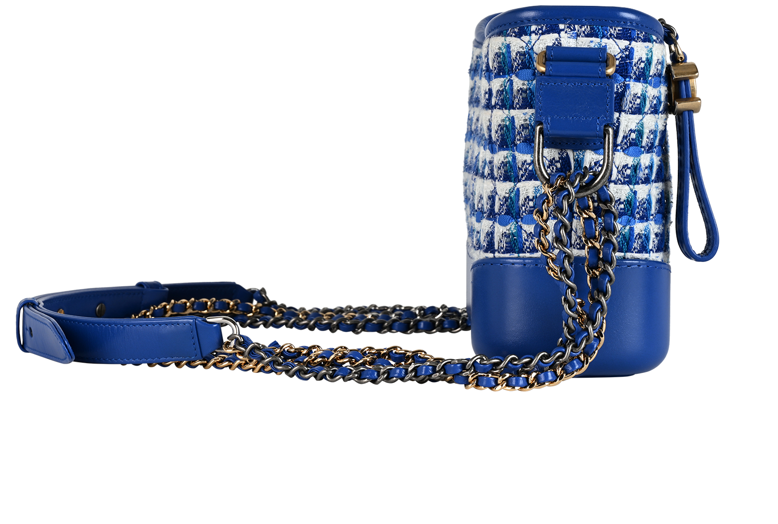 Small Gabrielle, &pound;1,500, Handbags, Blue/White, Leather/Tweed, Side view